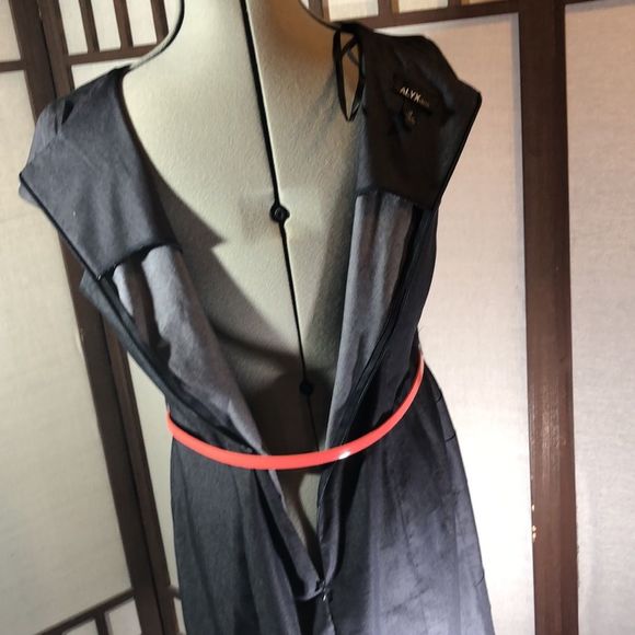 ALYX Womens Chambray Sheath Dress Size 14 Dark Wash Denimlike Belted Cap Sleeve - Picture 8 of 11